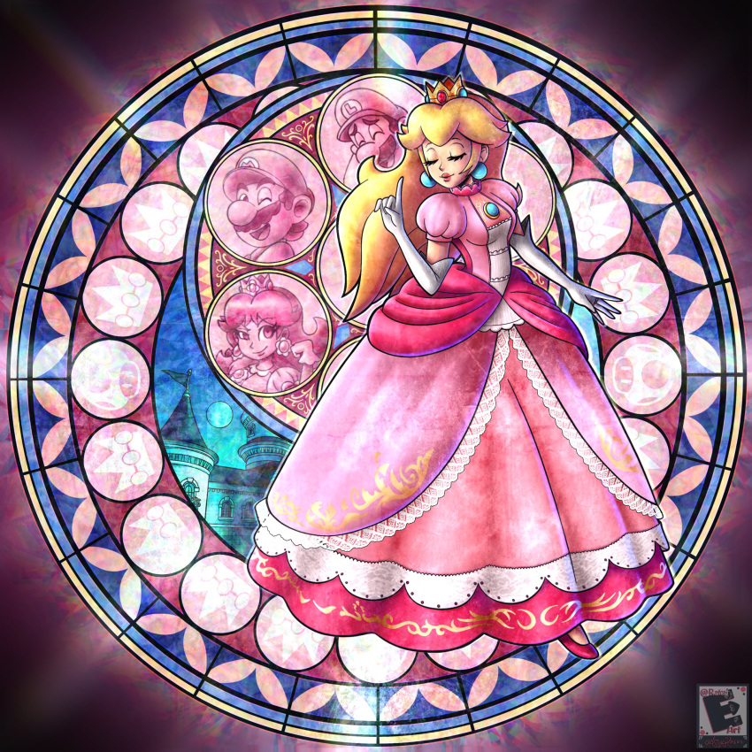1girl ^_^ amyroser bangs blonde_hair closed_eyes commentary crown dive_to_the_heart dress earrings elbow_gloves english_commentary gloves hair_behind_ear highres jewelry kingdom_hearts luigi mario mario_(series) mushroom one_eye_closed parody pink_dress pointing pointing_up princess_daisy princess_peach princess_peach's_castle smile solo stained_glass super_smash_bros. white_gloves