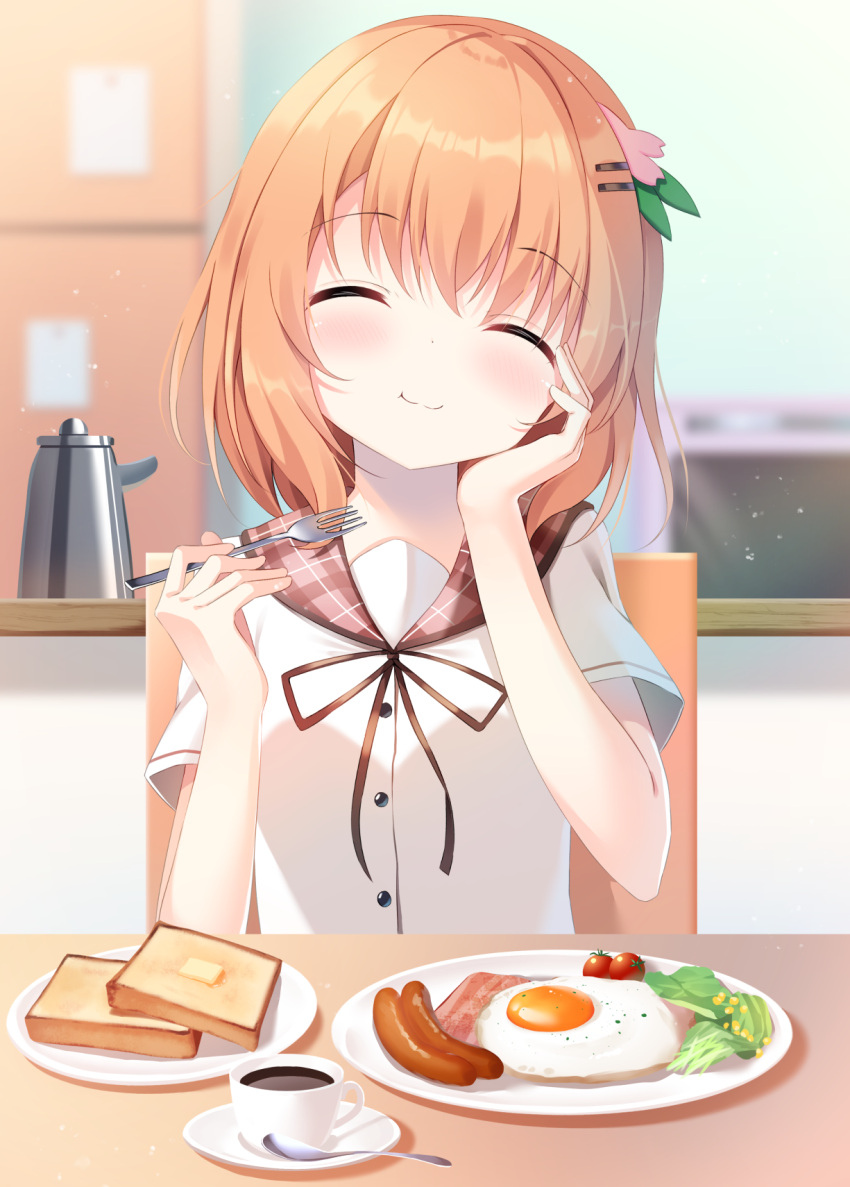 1girl :t ^_^ bacon bangs black_ribbon blurry blurry_background blush breasts brown_hair brown_sailor_collar chair cherry_tomato closed_eyes closed_mouth coffee commentary_request cup depth_of_field eating eyebrows_visible_through_hair facing_viewer food fork fried_egg gochuumon_wa_usagi_desu_ka? hair_between_eyes hair_ornament hairclip hands_up highres holding holding_fork hoto_cocoa indoors neck_ribbon pizzzica plaid_sailor_collar plate ribbon sailor_collar saucer sausage school_uniform serafuku shirt short_sleeves sitting small_breasts solo spoon table toast tomato wavy_mouth white_shirt