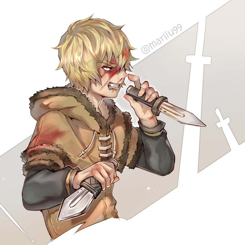 1boy angry blonde_hair blood blood_on_clothes blood_on_face brown_eyes commentary dagger dual_wielding fur_trim holding holding_weapon knife long_sleeves marliu99 short_hair thorfinn tunic viking vinland_saga weapon