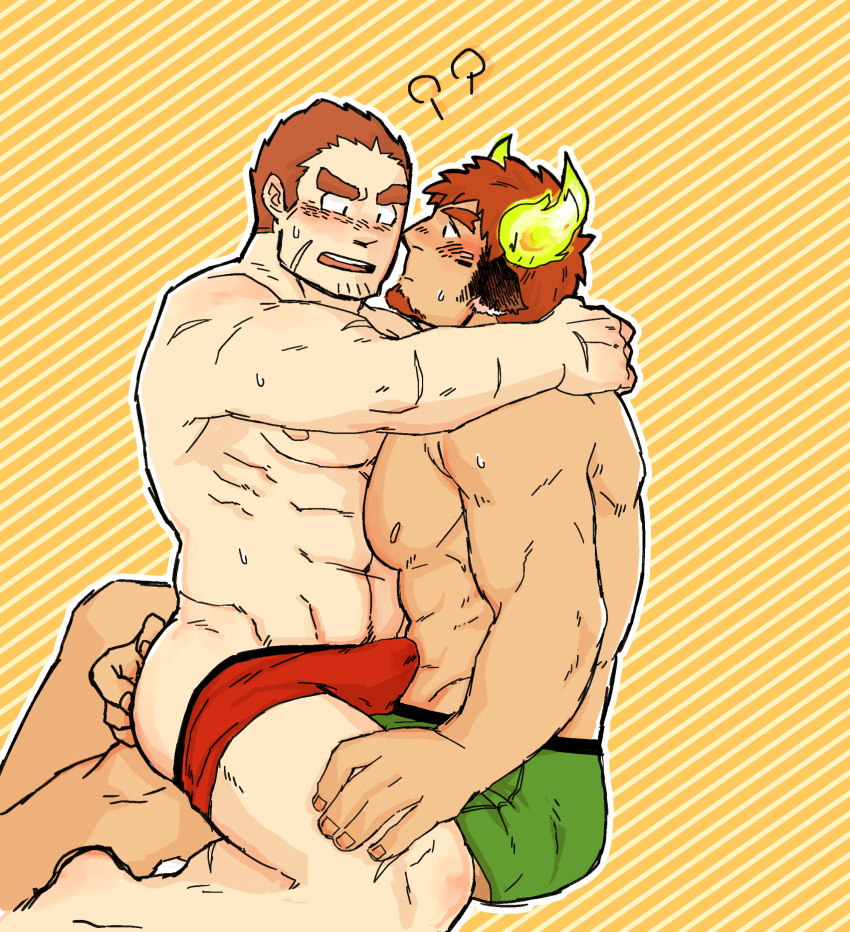 2boys ? abs anal_fingering animal_ears areolae arms_around_neck ass bara blush boxers brown_hair bulge bulge_press commentary_request cow_boy cow_ears cow_horns dark-skinned_male dark_skin embarrassed erection erection_under_clothes eye_contact facial_hair feet_out_of_frame fiery_horns fingering flustered forked_eyebrows goatee green_male_underwear gunzo_(housamo) highres horns interracial large_pectorals long_sideburns looking_at_another male_focus male_underwear male_underwear_pull multiple_boys muscular muscular_male navel navel_hair pectorals pole2walker2 pulled_by_another red_male_underwear scar scar_on_cheek scar_on_face short_hair sideburns sitting sitting_on_person spiked_hair spread_legs stomach straddling stubble sweatdrop thick_eyebrows thick_thighs thighs tokyo_afterschool_summoners topless_male underwear underwear_only wakan_tanka yaoi