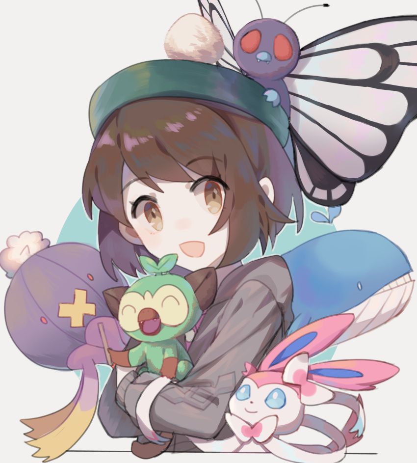 1girl :d absurdres bangs blue_eyes bow brown_eyes brown_hair butterfree chinese_commentary closed_mouth drifblim eyebrows_visible_through_hair fangs gloria_(pokemon) grey_hoodie grookey hat highres hood hood_down hoodie hug idass_(idass16) long_sleeves looking_at_viewer open_mouth pink_bow pokemon pokemon_(creature) pokemon_(game) pokemon_swsh short_hair sidelocks simple_background smile solo sprout sylveon two-tone_background two-tone_bow upper_body wailord white_background