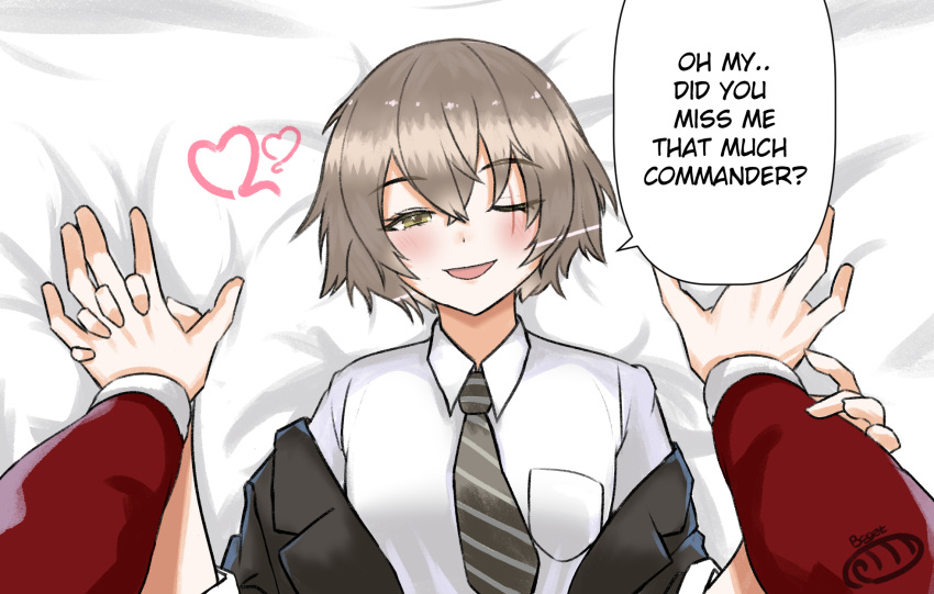 1boy 1girl artist_logo artist_name blush breasts collared_shirt commentary english_commentary english_text from_above girls'_frontline girls'_frontline_2:_exilium grey_necktie hair_between_eyes heart hetero highres holding_hands light_brown_hair looking_at_viewer lying necktie nowherebaget on_back on_bed one_eye_closed open_mouth pov pov_hands scar scar_across_eye shirt short_hair sleeves_folded_up small_breasts smile speech_bubble striped_necktie ump45_(girls'_frontline) white_shirt