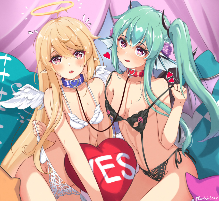 2girls absurdres ahoge alternate_hairstyle angel_wings artist_name black_panties blonde_hair blue_collar blush bra bra_pull c_turtle clothes_pull collar collarbone commentary_request curtains cushion demon_horns demon_wings excited finana_ryugu flower flying_sweatdrops food fruit green_eyes green_hair groin hair_flower hair_ornament hairband halo head_fins heart heart-shaped_pupils highres horns lifted_by_another lingerie long_hair looking_at_viewer mermaid midriff monster_girl multiple_girls nervous nijisanji nijisanji_en nipple_cutout open_mouth panties panty_lift pointy_ears pomu_rainpuff purple_curtains purple_eyes purple_flower red_collar red_eyes sweat symbol-shaped_pupils tongue tongue_out twintails underwear very_long_hair virtual_youtuber wavy_hair white_panties wings