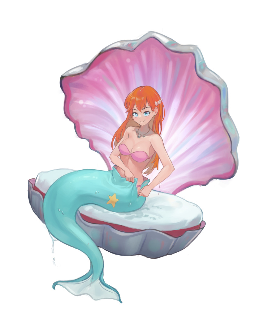 1girl absurdres bangs bikini bikini_top blue_eyes breasts clam drelouder hair_ornament highres jewelry long_hair looking_at_viewer mermaid mermaid_costume mermaid_misty_(pokemon) misty_(pokemon) monofin monster_girl necklace pokemon pokemon_(anime) pokemon_(classic_anime) red_hair simple_background smile solo star_(symbol) swimsuit unzipped wet white_background