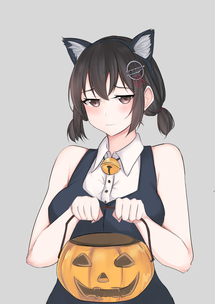 1girl absurdres alternate_costume alternate_hairstyle animal_ears breasts commentary haguro_(kancolle) halloween highres jack-o'-lantern jiangyou_dang kantai_collection low_twintails medium_breasts medium_hair shirt short_twintails sleeveless sleeveless_shirt solo twintails upper_body