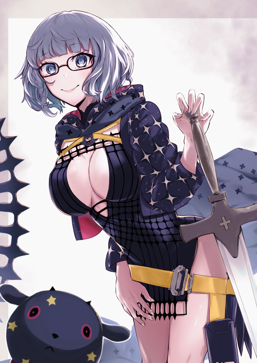 1girl absurdres bangs belt black_dress black_jacket blue_eyes breasts cleavage cropped_jacket dress fate/grand_order fate_(series) glasses grey_hair highres hood hooded_jacket jacket jacques_de_molay_(foreigner)_(fate) kotou_mai lamb large_breasts long_sleeves looking_at_viewer open_clothes open_jacket short_dress short_hair smile sword thighs weapon