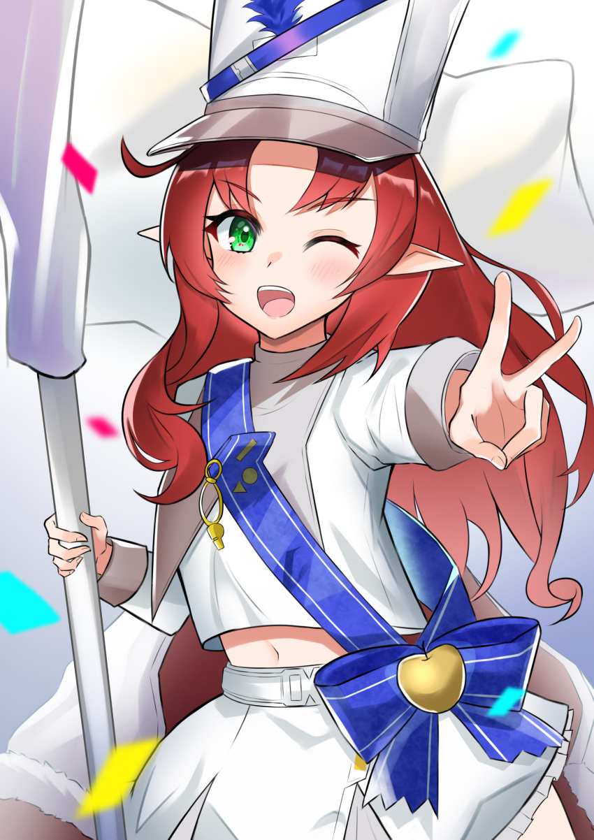 1girl absurdres ahoge arknights blue_sash cape cropped_shirt drum_major flag green_eyes hat highres holding holding_flag k@bu long_hair long_sleeves looking_at_viewer myrtle_(arknights) myrtle_(light_gold_celebration)_(arknights) navel official_alternate_costume one_eye_closed open_mouth red_hair sash shako_cap shirt skirt smile solo v white_cape white_flag white_headwear white_shirt white_skirt