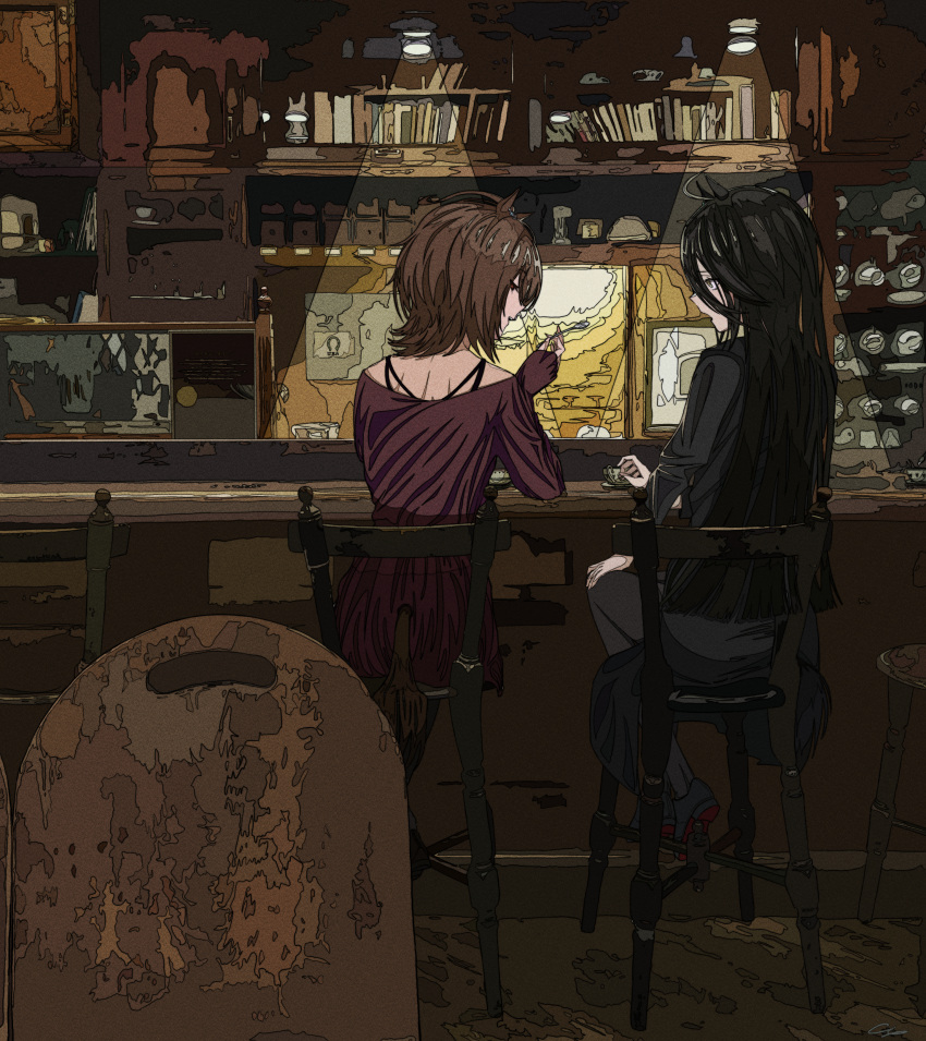 2girls absurdres agnes_tachyon_(umamusume) ahoge animal_ears bangs black_footwear black_hair black_jacket black_legwear black_pants black_tea brown_hair ceiling_light chair ci4 commentary_request counter cup dress full_body highres holding holding_spoon horse_ears horse_girl horse_tail indoors jacket ligne_claire long_sleeves looking_down manhattan_cafe_(umamusume) multiple_girls pants red_dress short_hair signature sitting sleeves_past_wrists spoon tail tea teacup umamusume