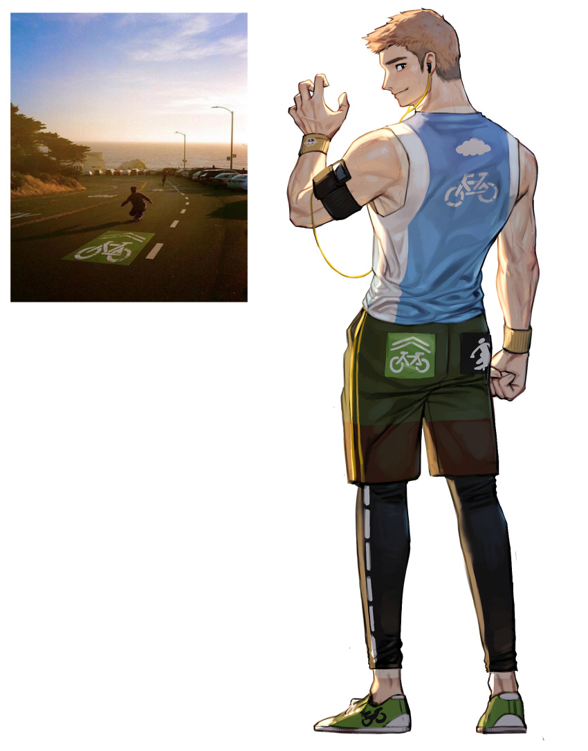 1boy bare_shoulders commentary_request from_behind full_body green_shorts highres leggings light_brown_hair looking_at_viewer male_focus original personification photo_inset reference_inset rinotuna shoes short_hair shorts sideburns sleeveless smile sneakers solo toned toned_male