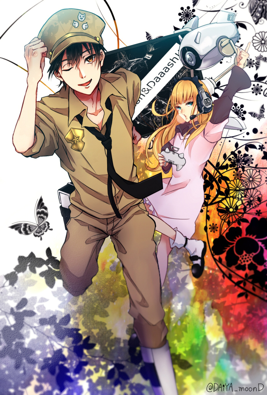 1boy 1girl ;d arms_up bangs black_butterfly black_hair black_necktie blonde_hair brown_pants brown_shirt bubble_blowing bug butterfly chewing_gum controller daiya_moond dress gunjou_no_magmell hat headphones headset highres inyou_(gunjou_no_magmell) long_hair long_sleeves machine medal necktie one_eye_closed pants pink_dress shirt smile standing white_legwear zero_(gunjou_no_magmell)