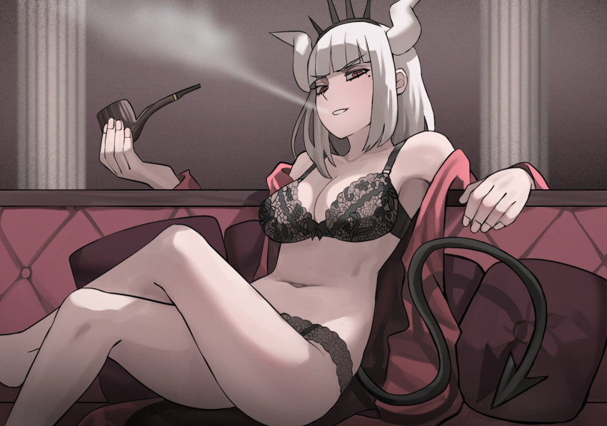 1girl black_bra black_panties black_tail bra breasts commentary demon_girl demon_horns demon_tail eyebrows eyebrows_visible_through_hair helltaker holding holding_pipe horns jourd4n large_breasts lucifer_(helltaker) mole mole_under_eye naughty_face navel open_clothes panties pipe red_eyes red_shirt shirt smile smoking tail underwear white_horns