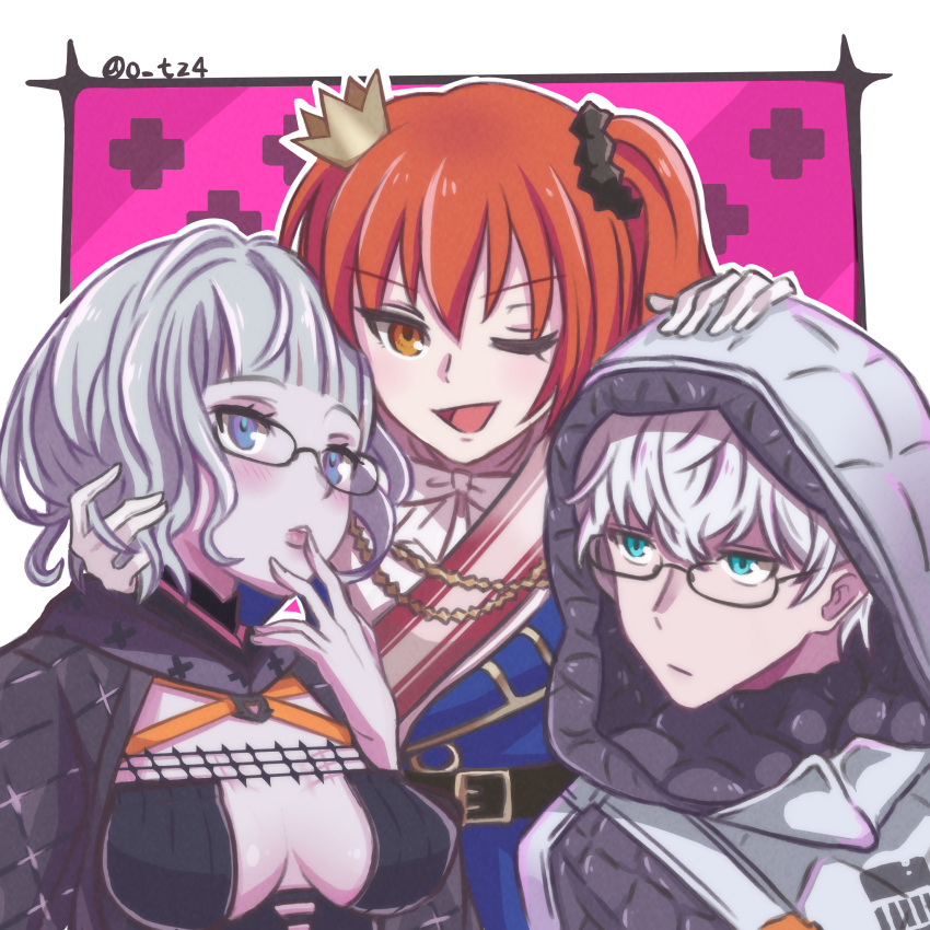 1boy 2girls absurdres bangs black_dress black_jacket blue_eyes blush breasts cleavage cropped_jacket crown dress dual_persona fate/grand_order fate_(series) fujimaru_ritsuka_(female) glasses green_eyes grey_hair hair_ornament hair_scrunchie halloween_royalty highres jacket jacques_de_molay_(fate) jacques_de_molay_(foreigner)_(fate) kakaramama large_breasts long_sleeves looking_at_viewer medium_breasts mini_crown multiple_girls one_eye_closed one_side_up open_clothes open_jacket open_mouth orange_eyes orange_hair scrunchie short_hair smile