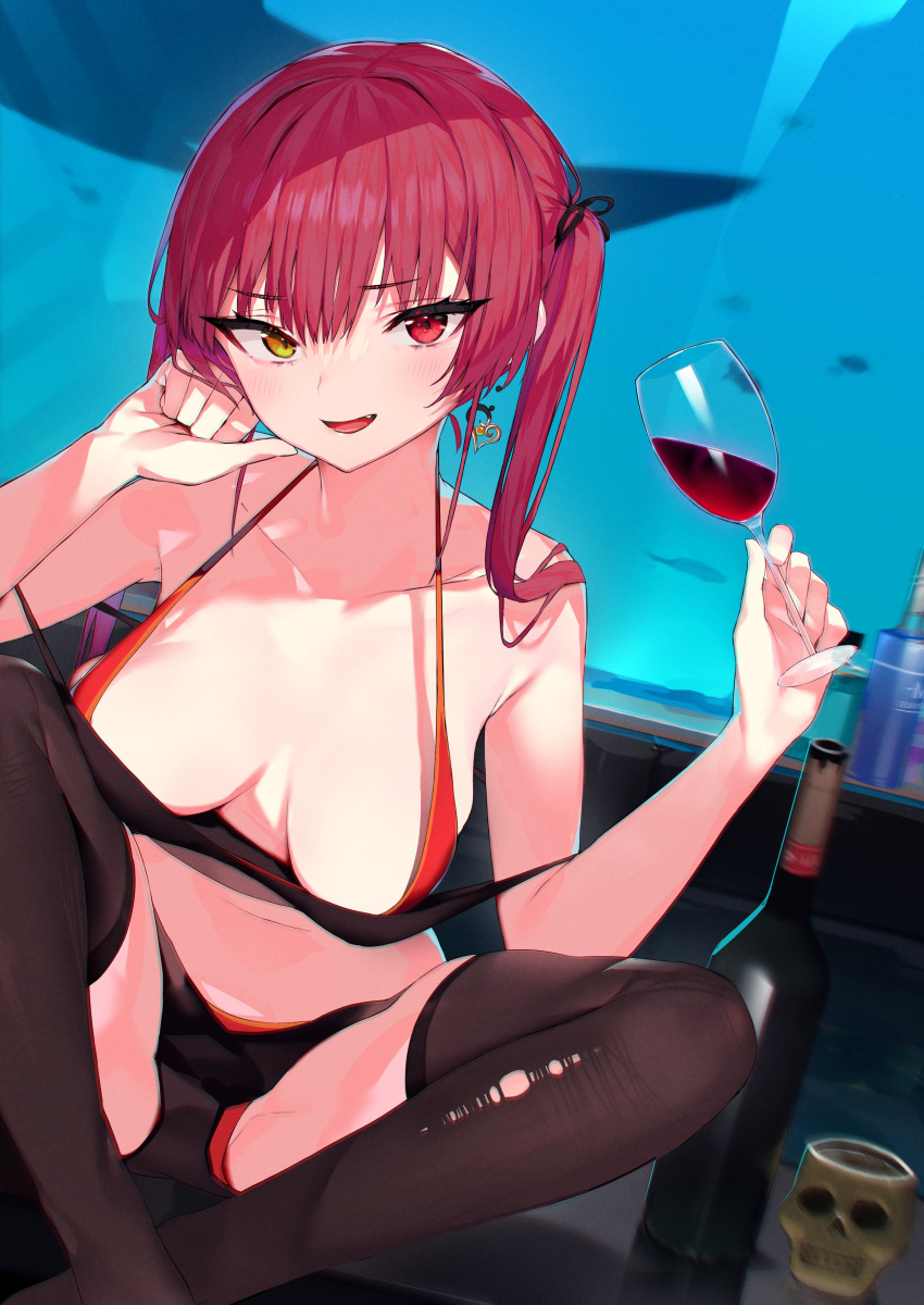 1girl absurdres bangs bare_shoulders bikini black_legwear black_ribbon bottle breasts collarbone cup drinking_glass earrings eyebrows_visible_through_hair fang fish foreshortening glass groin_tendon hair_ribbon hands_up heart heart_earrings heterochromia highres holding hololive houshou_marine jewelry large_breasts long_hair looking_at_viewer open_mouth pomesaurus red_bikini red_eyes red_hair ribbon sitting skindentation skull_cup smile solo strap_gap swimsuit thighhighs thighs torn_clothes torn_legwear twintails virtual_youtuber water whale wine_bottle wine_glass