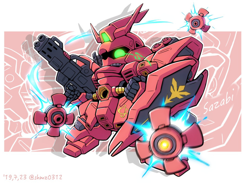 beam_rifle char's_counterattack character_name chibi dated energy_gun english_text funnels green_eyes gundam looking_at_viewer mecha mobile_suit no_humans sazabi sd_gundam shield shokkaa_(shmz61312) solo twitter_username weapon