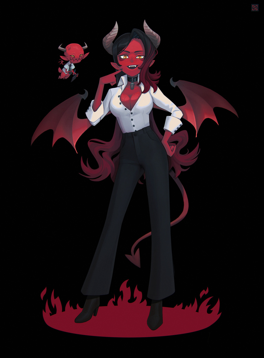 1girl :d absurdres black_background black_hair black_pants breasts choker colored_skin commentary deadslug demon demon_girl demon_horns demon_tail demon_wings english_commentary fangs formal freckles full_body gradient_hair hand_on_hip high_heels highres horns large_breasts long_hair multicolored_hair original pant_suit pants pointy_ears red_hair red_skin shirt slit_pupils smile solo standing suit tail two-tone_hair white_shirt wings yellow_eyes