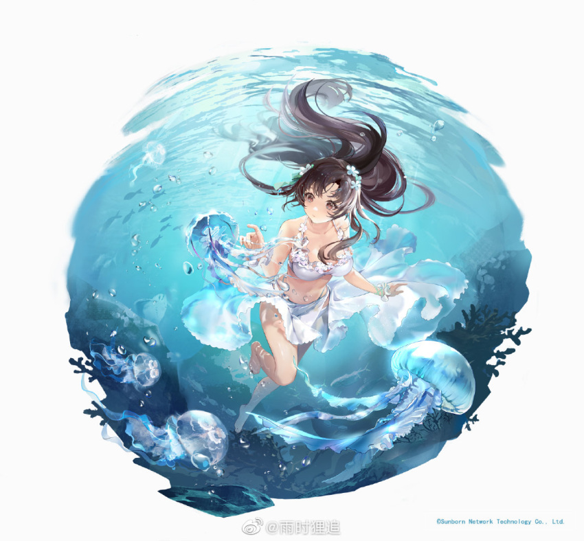 1girl bangs bare_legs bare_shoulders barefoot bikini breasts brown_eyes brown_hair closed_mouth company_name copyright facing_viewer floating_hair flower full_body girls'_frontline_neural_cloud hair_flower hair_ornament jellyfish long_hair medium_breasts midriff neon_(zuicongming) sarong solo swimsuit type_64_(girls'_frontline) underwater water weibo_username white_bikini white_flower white_sarong