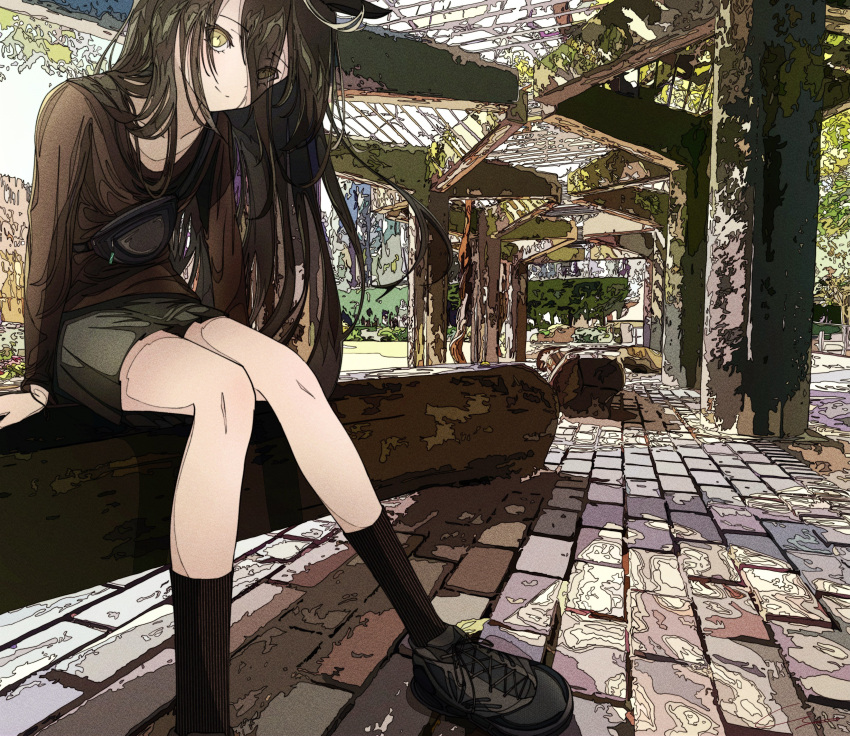 1girl absurdres animal_ears bangs bench black_footwear black_hair brown_shirt ci4 collarbone eyes_visible_through_hair fanny_pack green_shorts hair_over_one_eye highres horse_ears ligne_claire long_hair long_sleeves looking_at_viewer manhattan_cafe_(umamusume) outdoors shirt shoes shorts sitting smile sneakers socks split_mouth tree umamusume yellow_eyes