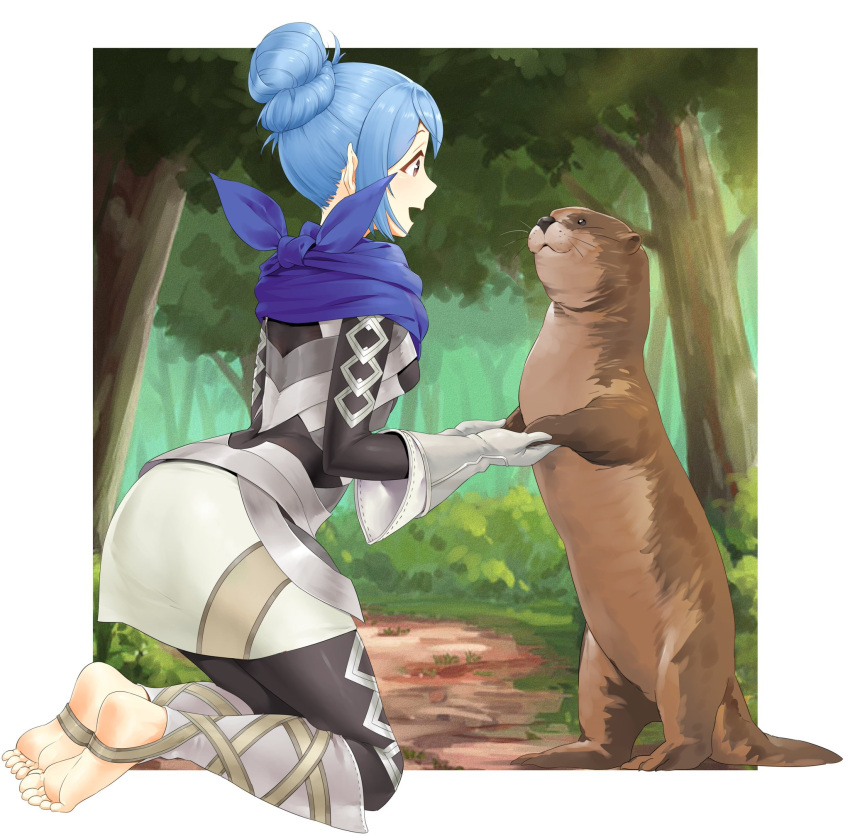 1girl animal armor armored_dress bangs barefoot black_legwear blue_hair blue_scarf brown_eyes commentary english_commentary eye_contact eyebrows_visible_through_hair feet fire_emblem fire_emblem_fates forest gloves grass hair_bun highres igni_tion kana_(fire_emblem) kana_(fire_emblem)_(female) kneeling leggings long_sleeves looking_at_another nature open_mouth otter outdoors pointy_ears scarf short_hair sidelocks smile soles stirrup_legwear tied_hair toeless_legwear toes tree