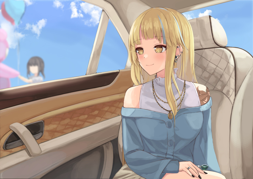 1girl absurdres alternate_hair_color bang_dream! bangs barbell_piercing bare_shoulders black_nails blonde_hair blue_sky blurry blurry_background breasts car_interior closed_mouth cloud cowboy_shot day ear_piercing earrings eyebrows_visible_through_hair gold_necklace hand_on_own_thigh highres jewelry long_hair looking_to_the_side medium_breasts michelle_(bang_dream!) multicolored_hair nail_polish necklace off-shoulder_jacket off_shoulder pendant piercing pipe plug_(piercing) ring shaketarako shirt shoulder_tattoo sidelocks sitting sky sleeveless sleeveless_shirt smile solo_focus streaked_hair stud_earrings tattoo tsurumaki_kokoro white_shirt yellow_eyes