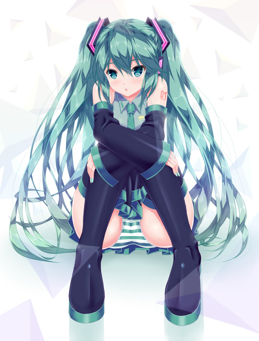 1girl absurdres aqua_eyes aqua_hair arms_on_knees ass bangs bare_shoulders black_legwear blush breasts calcio cameltoe collared_shirt commentary detached_sleeves eyebrows_visible_through_hair eyes_visible_through_hair hair_between_eyes hatsune_miku high_heels highres long_hair looking_at_viewer medium_breasts miniskirt nail_polish necktie open_mouth panties pantyshot pleated_skirt shirt shoulder_tattoo sitting skirt sleeveless sleeveless_shirt solo striped striped_panties tattoo thighhighs twintails underwear vocaloid zettai_ryouiki