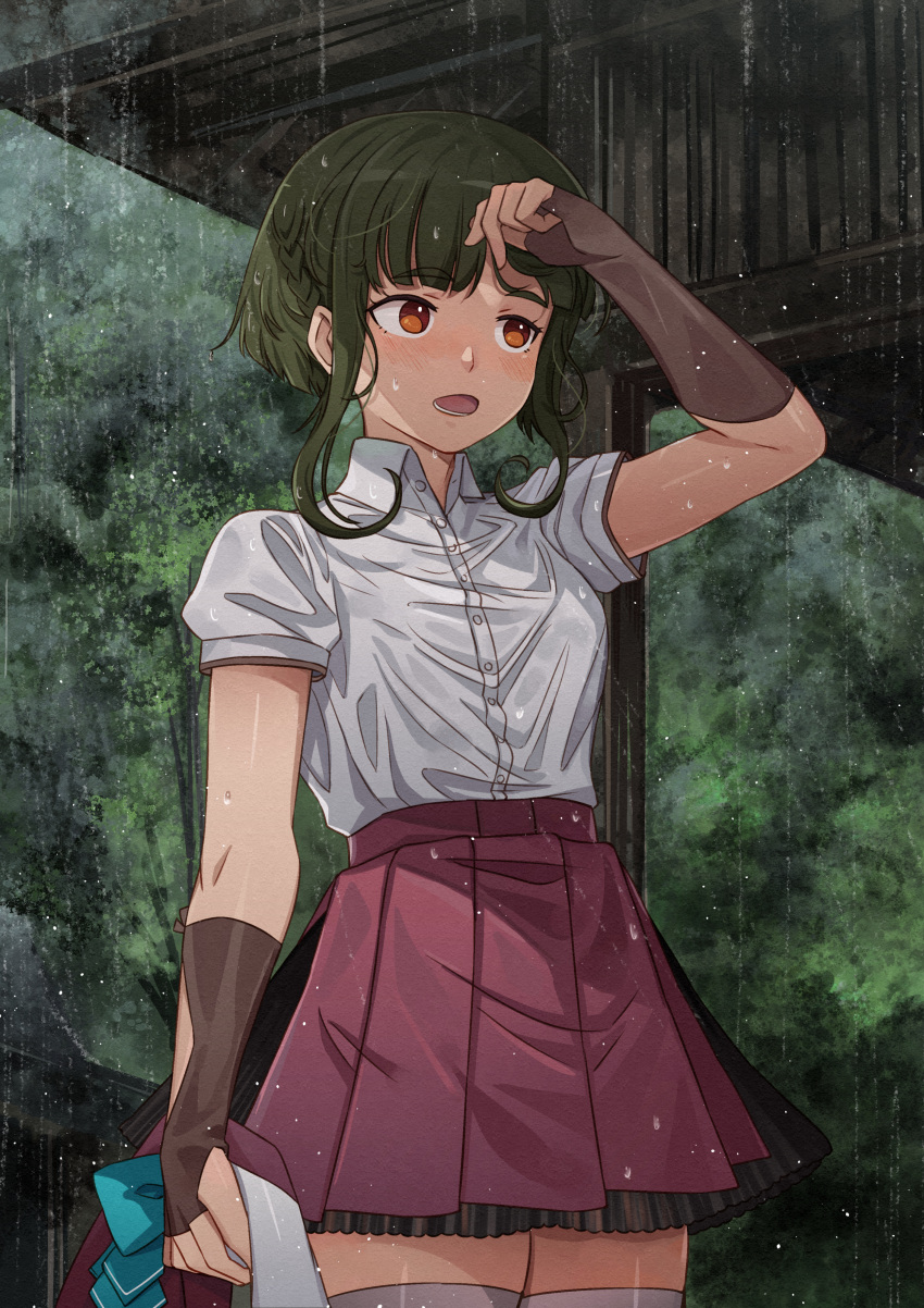 1girl absurdres blazer blouse bob_cut bow bowtie bowtie_removed braid breasts brown_eyes building collared_shirt dress eyebrows_visible_through_hair fingerless_gloves forest gloves green_hair grey_legwear highres jacket kanmiya_shinobu kantai_collection long_sleeves nature one_eye_closed outdoors pleated_skirt purple_skirt rain remodel_(kantai_collection) school_uniform shirt short_hair short_sleeves skirt sleeveless sleeveless_dress small_breasts solo takanami_(kancolle) thighhighs tree vest vest_removed water wet wet_clothes wet_shirt white_blouse white_shirt