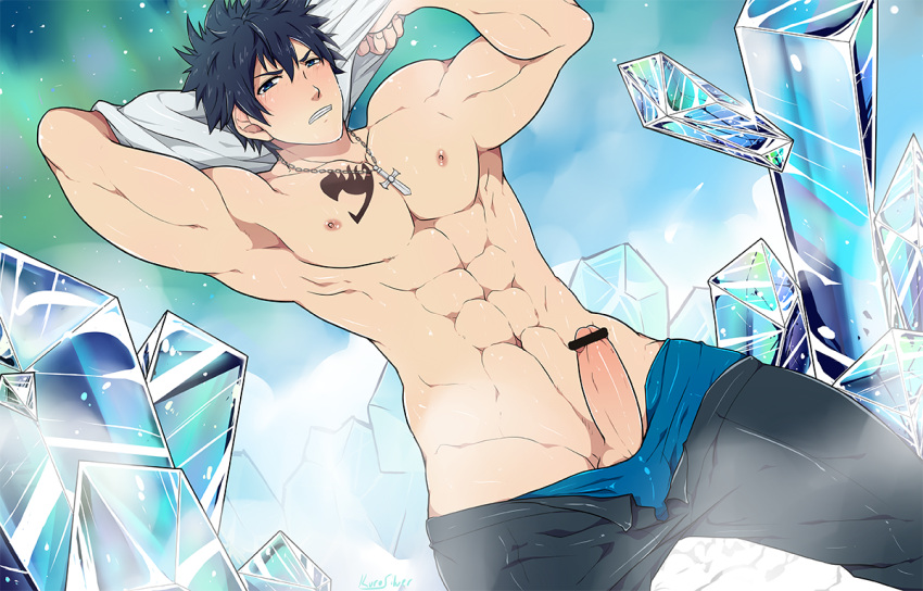 1boy abs bar_censor bara black_hair black_pants blue_eyes blue_male_underwear blush boxers censored chest_tattoo clenched_teeth clothes_pull commentary cross cross_necklace day erection fairy_tail gray_fullbuster jewelry kurosilver looking_at_viewer male_focus male_underwear male_underwear_pull muscular muscular_male navel necklace nipples outdoors pants pants_pull pectorals penis shirt shirt_removed short_hair solo tattoo teeth thick_thighs thighs underwear undressing white_shirt