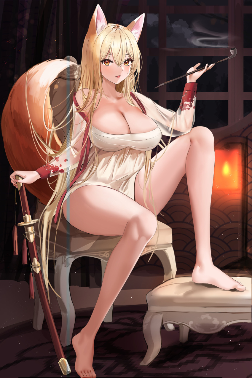 1girl absurdres animal_ears bangs blonde_hair breasts cleavage dress fox_ears fox_girl fox_tail highres indoors large_breasts leg_up lillly looking_at_viewer original pink_eyes pipe sheath sitting solo sword tail weapon