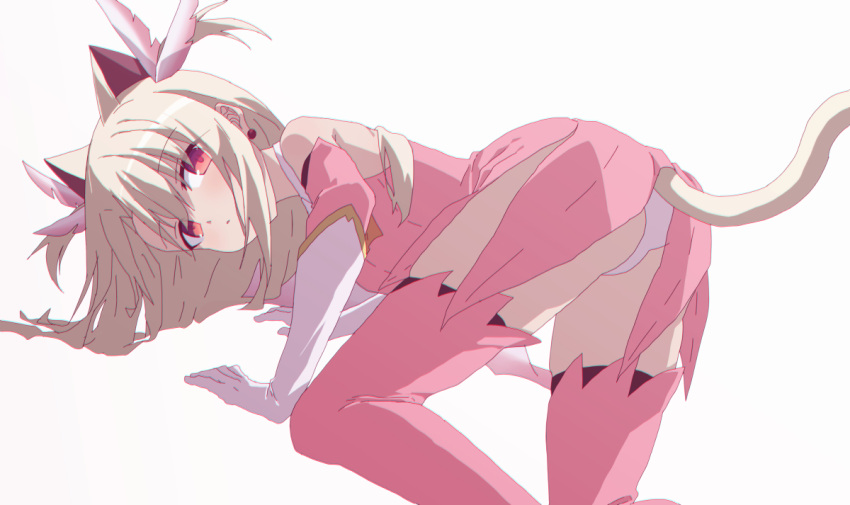 1girl all_fours animal_ears ass bangs bare_shoulders blush cat_ears cat_girl cat_tail commentary_request detached_sleeves dress dutch_angle earrings elbow_gloves eyebrows_visible_through_hair fate/kaleid_liner_prisma_illya fate_(series) feather_hair_ornament feathers feet_out_of_frame gloves hair_between_eyes hair_ornament illyasviel_von_einzbern jewelry kemonomimi_mode light_brown_hair long_hair long_sleeves looking_at_viewer looking_back magical_girl oueo panties parted_lips pink_dress pink_feathers pink_legwear pink_sleeves prisma_illya red_eyes simple_background sleeveless sleeveless_dress solo tail thighhighs two_side_up underwear white_background white_gloves white_panties