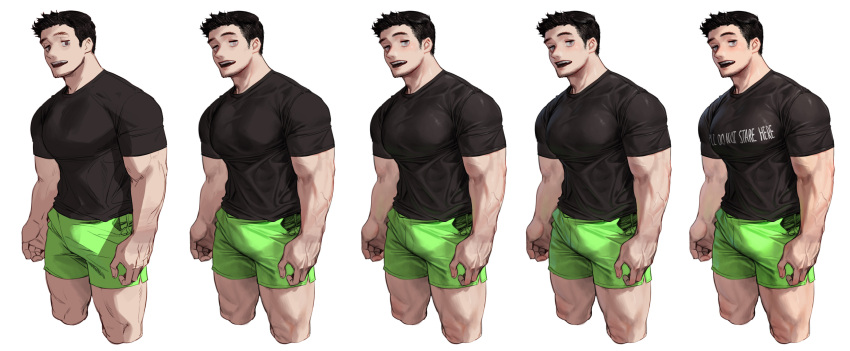 1boy absurdres art_study bangs bara biceps black_hair black_shirt blush bulge clothes_writing commentary_request cropped_legs english_text facial_hair goatee green_shorts grey_eyes highres how_to large_pectorals looking_at_viewer making-of_available male_focus muscular muscular_male open_mouth original pectorals print_shirt rinotuna shirt short_hair short_sleeves shorts side_slit side_slit_shorts sideburns simple_background taut_clothes taut_shirt thick_thighs thighs veins white_background