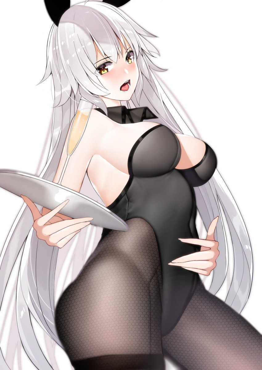 1girl animal_ears armpits bangs bare_shoulders black_hair breasts cup drinking_glass fake_animal_ears fate/grand_order fate_(series) highres holding holding_plate jeanne_d'arc_(alter)_(fate) jeanne_d'arc_(fate) long_hair looking_at_viewer mairudo_(mildcoffee1117) open_mouth plate playboy_bunny rabbit_ears silver_hair solo thighhighs wine_glass yellow_eyes