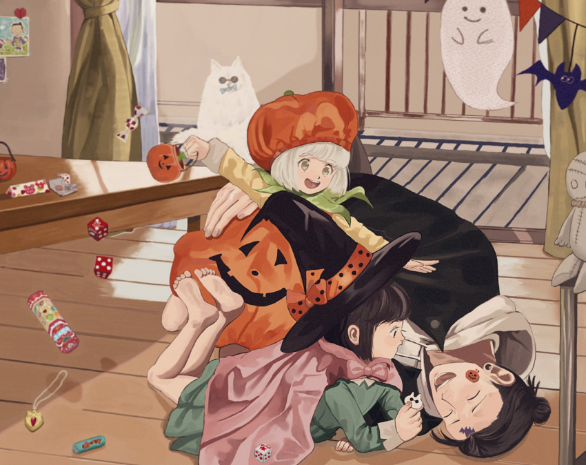 1boy 2girls ^_^ bangs black_eyes black_hair black_headwear black_jacket blunt_bangs brown_eyes bucket cape closed_eyes commentary dice dress ear_piercing full_body getou_suguru green_dress hair_bun halloween_bucket hat highres holding holding_bucket hood hood_down hoodie indoors jacket jewelry jujutsu_kaisen long_sleeves mimiko_(jujutsu_kaisen) multiple_girls nanako_(jujutsu_kaisen) necklace open_mouth penguin_miko piercing profile pumpkin_costume pumpkin_hat red_cape short_hair smile sticker white_hair white_hoodie witch_hat younger