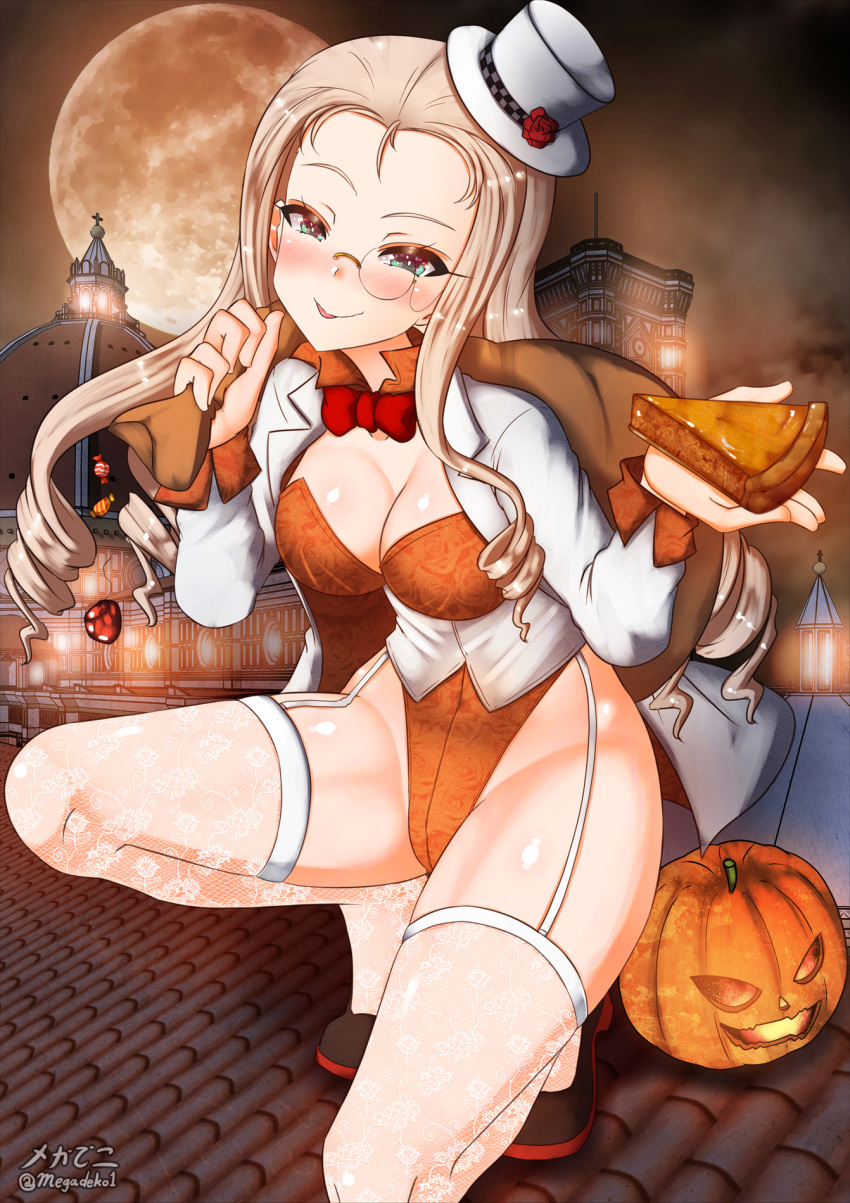 1girl aquaegg blonde_hair blush bow bowtie breasts cleavage commentary_request fishnet_legwear fishnets full_moon garter_straps girls_und_panzer green_eyes halloween halloween_costume hat highres jack-o'-lantern large_breasts leotard long_hair marie_(girls_und_panzer) monocle moon orange_leotard pumpkin pumpkin_pie red_bow red_bowtie shiny shiny_hair sky smile solo thighhighs tongue tongue_out top_hat white_headwear white_legwear