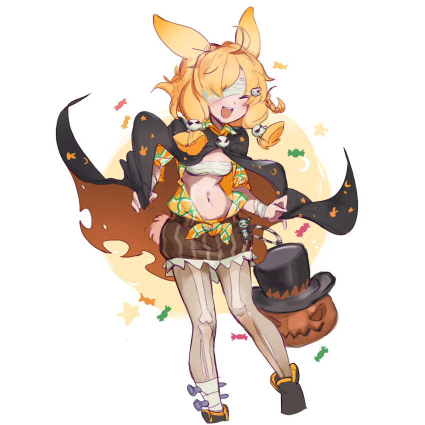 1girl :d animal_ears arknights bandage_over_one_eye bandaged_arm bandages blonde_hair blush breasts cape closed_eyes commentary full_body hair_ornament halloween highres jack-o'-lantern kroos_(arknights) kroos_(the_mag)_(arknights) navel nemo_(leafnight) official_alternate_costume open_clothes open_shirt pantyhose rabbit_ears sarashi simple_background skeleton_print skull_hair_ornament small_breasts smile solo stomach torn_clothes white_background