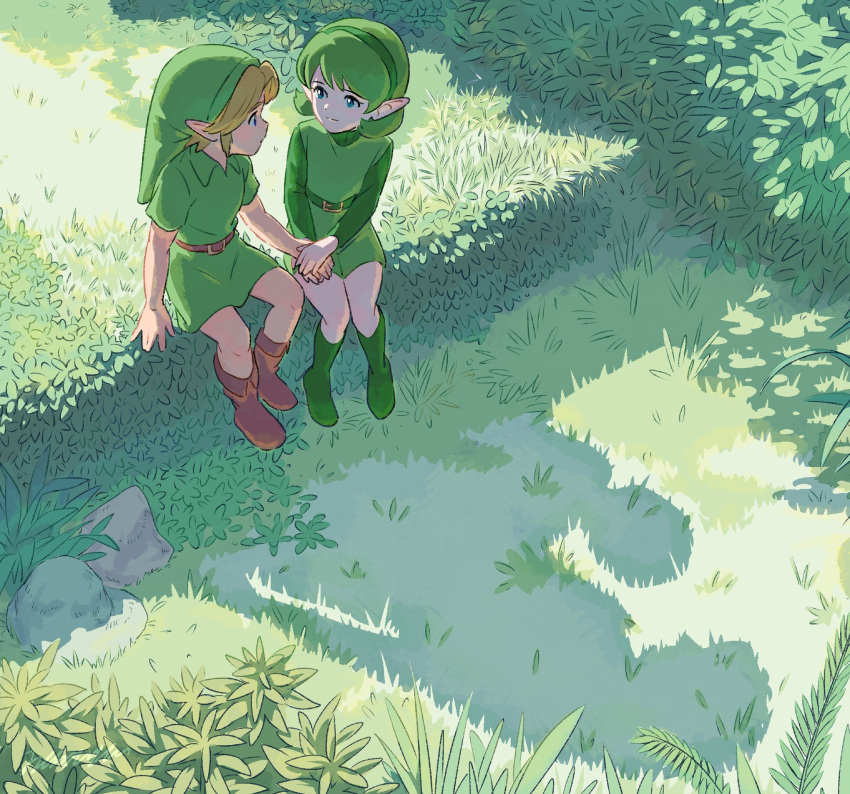 1boy 1girl belt blue_eyes boots child commentary day different_shadow eye_contact grass green_hair green_tunic hairband hat highres holding_hands kokiri link looking_at_another onakaitai outdoors pointy_ears saria_(the_legend_of_zelda) sitting the_legend_of_zelda the_legend_of_zelda:_ocarina_of_time young_link