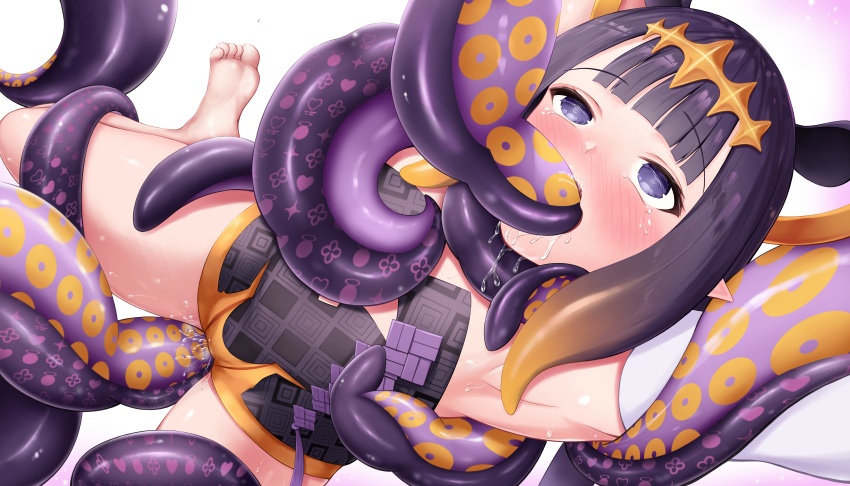 1girl absurdres armpits asphyxiation bangs barefoot black_dress blunt_bangs blush clothed_masturbation commentary crying crying_with_eyes_open deepthroat dress drooling fellatio flat_chest gradient_hair hair_flaps highres hololive hololive_english irrumatio masturbation multicolored_hair ninomae_ina'nis nose_blush oral orange_hair pointy_ears purple_hair pussy_juice restrained roina_(effj7473) rolling_eyes saliva self_bondage soles solo spread_legs tears tentacle_sex tentacles tiara virtual_youtuber white_background