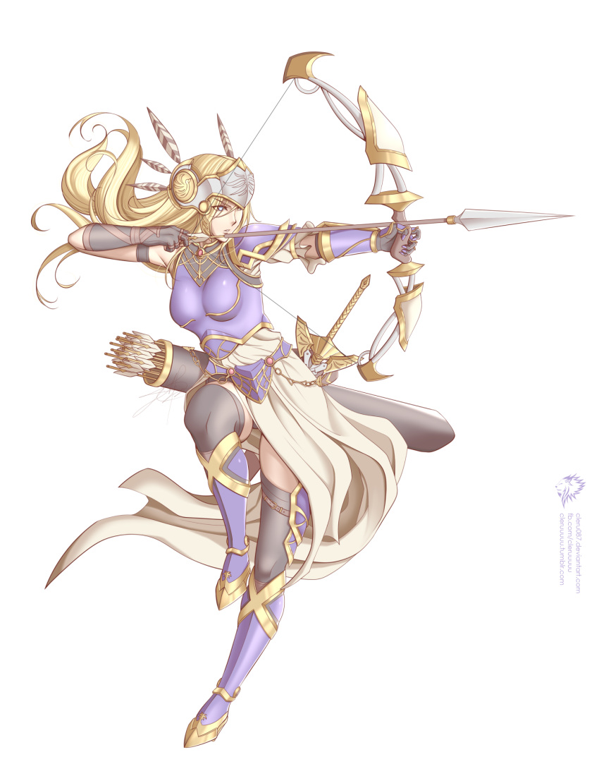 1girl aiming armor armored_boots armored_dress arrow_(projectile) blonde_hair boots bow cleru_(cleruuuuu) feathers gem gloves gold_trim helmet highres purple_armor silmeria_valkyrie valkyrie valkyrie_profile winged_helmet