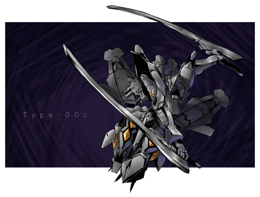 absurdres dual_wielding head_tilt highres holding holding_sword holding_weapon kawasemi_alter looking_at_viewer mecha muvluv muvluv_alternative muvluv_unlimited:_the_day_after no_humans science_fiction solo sword tactical_surface_fighter takemikazuchi_(muvluv) weapon