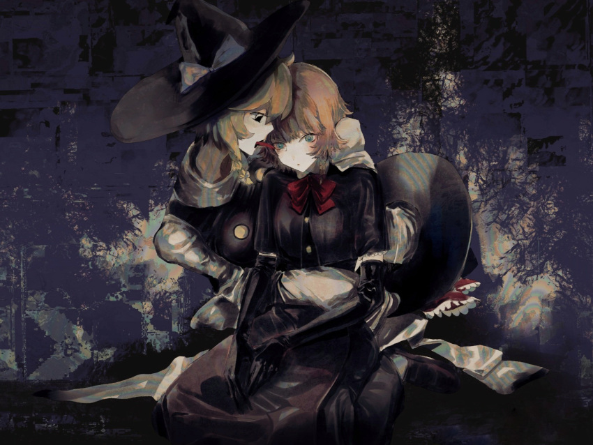 2girls abstract_background arm_around_waist bangs black_capelet black_eyes black_footwear black_gloves black_headwear black_skirt black_vest blue_background blue_eyes bow bowtie braid capelet chinese_commentary closed_mouth commentary_request cookie_(touhou) elbow_gloves expressionless full_body gloves hat hat_bow hat_removed headwear_removed highres kirisame_marisa licking licking_eye looking_at_another looking_at_viewer meguru_(cookie) multiple_girls on_(_l0_) open_mouth red_bow red_bowtie shirt shoes short_hair side_braid single_braid skirt sleeves_past_fingers sleeves_past_wrists socks touhou vest white_bow white_legwear white_shirt witch_hat yuri yuuhi_(cookie)