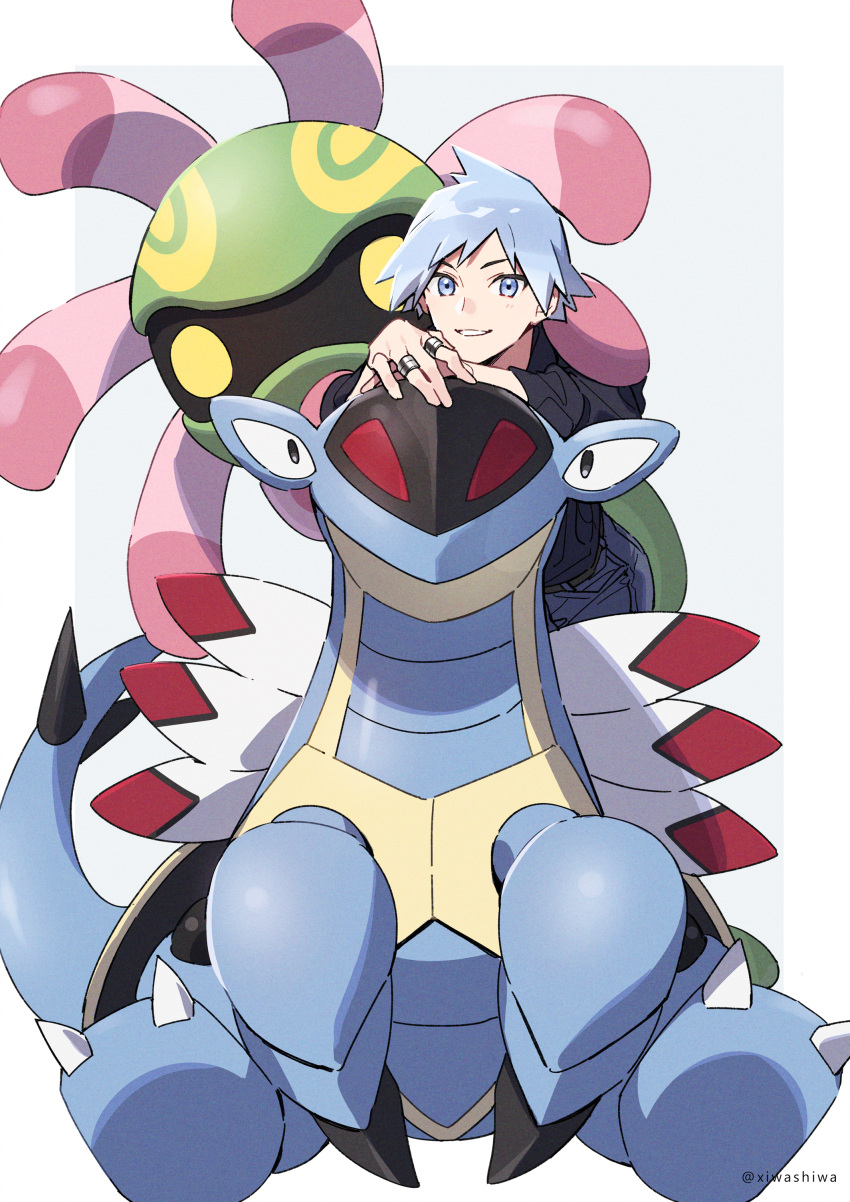 1boy absurdres armaldo bangs black_shirt blue_eyes blush claws commentary cradily grey_hair highres jewelry leaning_forward looking_at_viewer male_focus pants parted_lips pokemon pokemon_(creature) pokemon_(game) pokemon_rse ring shirt short_hair sitting smile steven_stone twitter_username xia_(ryugo) younger