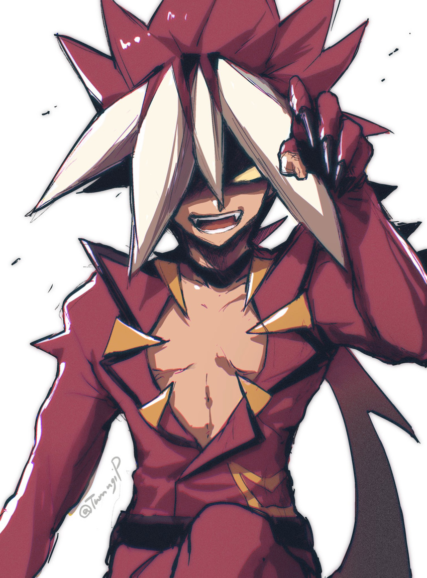 1boy bangs commentary_request hand_up highres looking_at_viewer male_focus mugitarou multicolored_hair open_mouth pokemon pokemon_(game) pokemon_sm red_hair ryuuki_(pokemon) solo spiked_hair teeth tongue twitter_username two-tone_hair upper_body white_background white_hair yellow_eyes