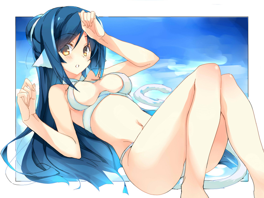 1girl animal_ears bangs bare_arms bare_legs bare_shoulders bikini blue_hair blue_sky border breasts cat_ears cat_girl cat_tail commentary_request eyebrows_visible_through_hair highres kuon_(utawarerumono) long_hair looking_at_viewer medium_breasts narumiya_(empty_cafe) navel parted_bangs parted_lips sky solo swimsuit tail thighs utawarerumono utawarerumono:_itsuwari_no_kamen white_bikini yellow_eyes