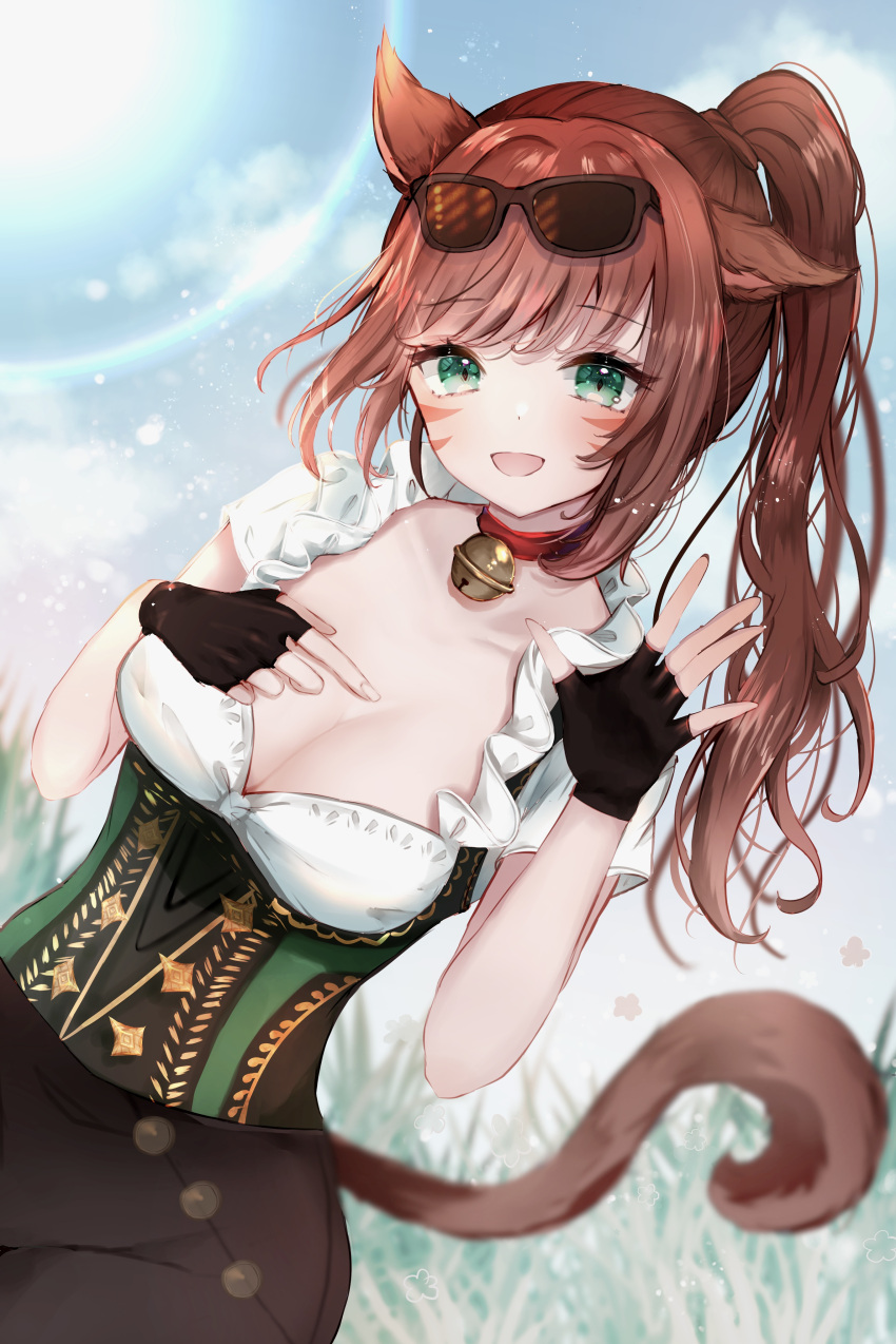 1girl absurdres animal_ears avatar_(ffxiv) bangs bell blush breasts brown_hair cat_ears cat_tail commentary dutch_angle eyebrows_visible_through_hair eyewear_on_head facial_mark final_fantasy final_fantasy_xiv fingerless_gloves gloves green_eyes highres long_hair looking_at_viewer medium_breasts miqo'te neck_bell open_mouth ponytail sakura_mochiko scoop_neck slit_pupils solo sunglasses tail whisker_markings
