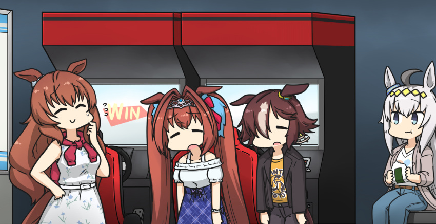 4girls :t =_= ahoge animal_ears arcade arcade_cabinet black_pants black_shirt brown_hair character_request check_character chewing chibi daiwa_scarlet_(umamusume) denim dress flying_sweatdrops food hair_intakes hamu_koutarou horse_ears horse_girl horse_tail indoors jeans long_hair maruzensky_(umamusume) multiple_girls oguri_cap_(umamusume) onigiri open_mouth pants pedal raised_eyebrows scarf shirt short_hair sitting smile steering_wheel sweatdrop tail tiara twintails umamusume vodka_(umamusume) white_dress white_hair