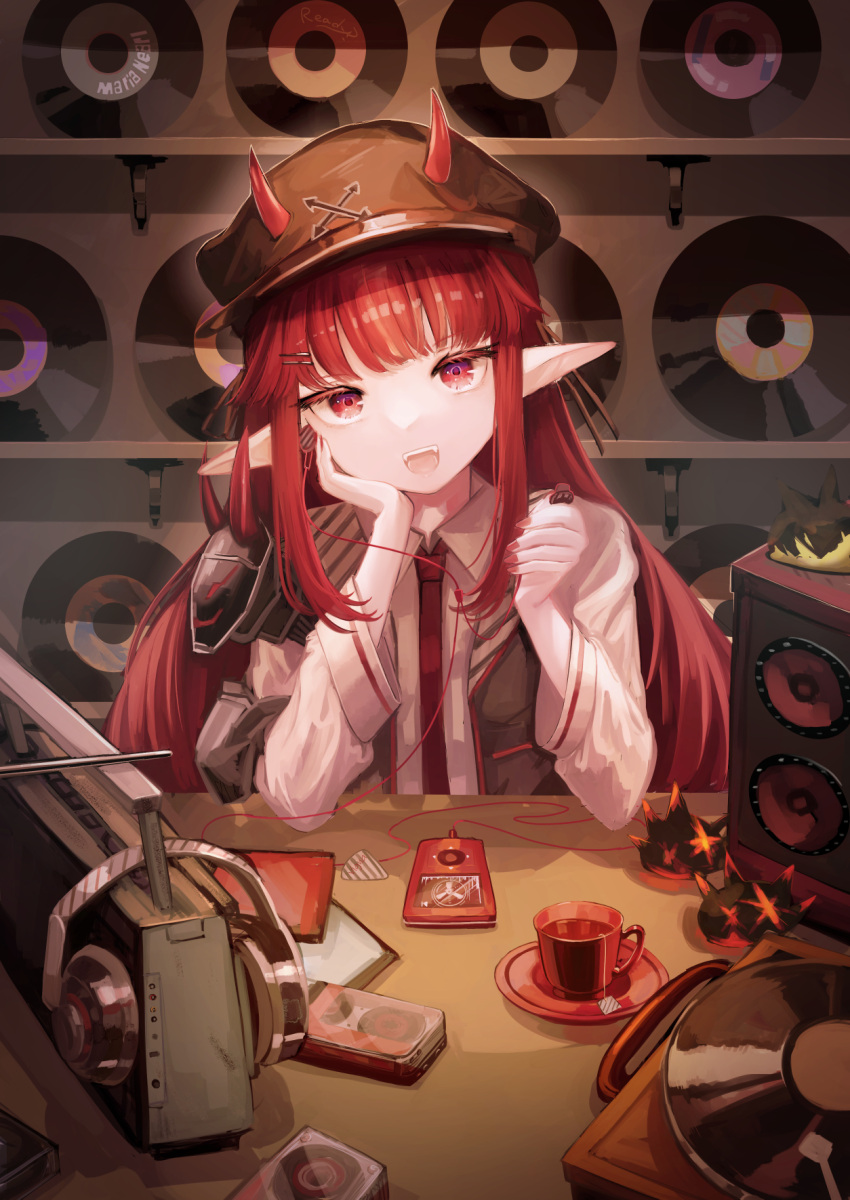 1girl arknights armor bangs black_headwear boombox cassette_tape character_name collared_shirt commentary_request cup digital_media_player earbuds earphones eyelashes fangs hair_ornament hairclip hand_on_own_chin hat headphones headphones_removed hemorina highres horns horns_through_headwear ipod long_hair long_sleeves looking_at_viewer nail_polish necktie open_mouth originium_slug_(arknights) phonograph plectrum pointy record red_eyes red_hair red_nails red_necktie saucer shelf shirt shoulder_armor sidelocks single_earphone_removed solo speaker table tea teacup teeth upper_body vigna_(arknights) white_shirt