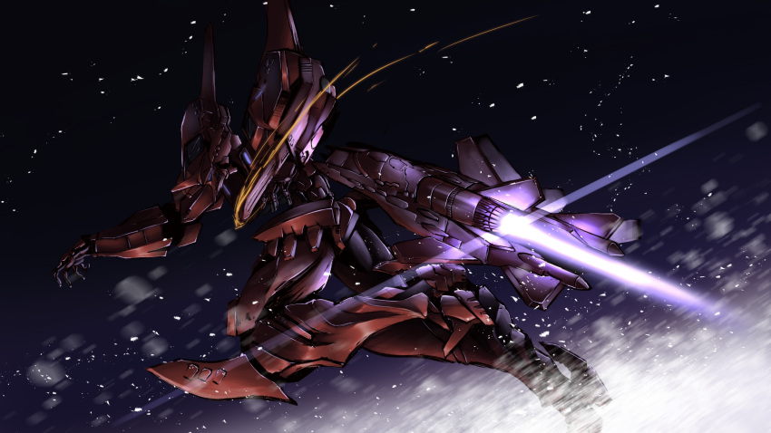 arm_blade chainsaw charging_forward from_side highres kawasemi_alter mecha muvluv muvluv_alternative no_humans open_hands purple_eyes snow solo su-47_berkut_(muvluv) tactical_surface_fighter thrusters weapon