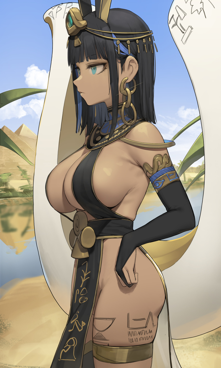 1girl absurdres armpit_crease bangs bare_shoulders black_dress black_hair blue_eyes breasts bridal_gauntlets cleavage commentary commission cowboy_shot dark-skinned_female dark_skin dress earrings egyptian egyptian_clothes egyptian_mythology english_commentary eyebrows_visible_through_hair gold_trim headdress highres jewelry large_breasts leg_tattoo long_hair looking_away no_bra no_panties parted_lips pelvic_curtain revealing_clothes revision romana set_(mythology) sidelocks sleeveless sleeveless_dress sling_bikini_top solo standing tattoo thighlet thighs