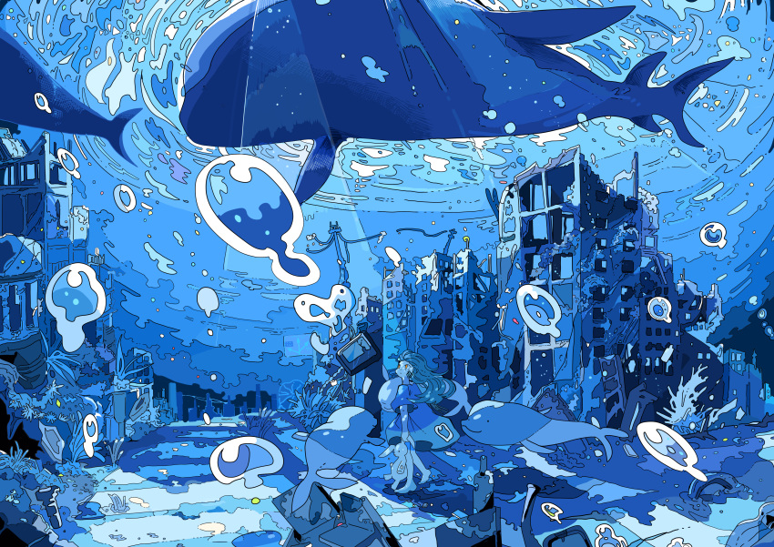 1girl absurdres blue_theme bubble building city highres nara_lalana original road ruins scenery shark street stuffed_toy surreal underwater water whale_shark