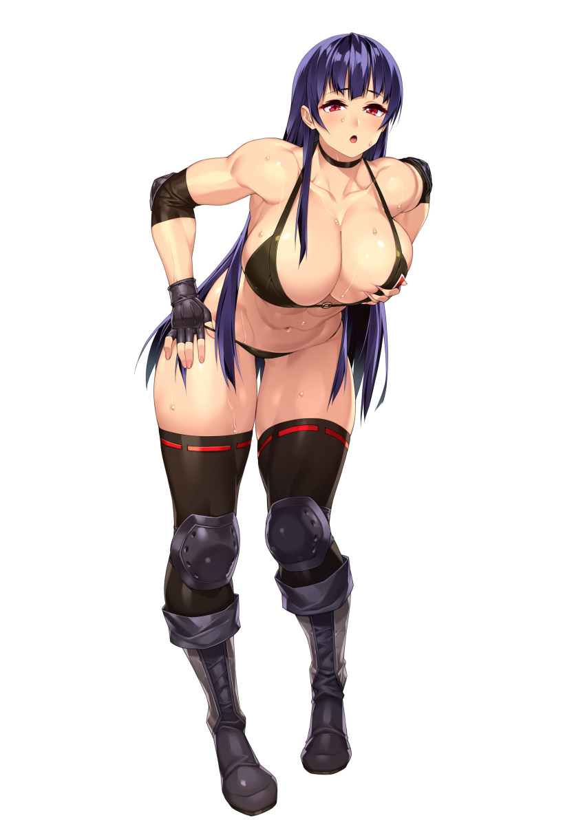 1girl 23_(real_xxiii) :o absurdres bangs bare_shoulders bikini black_bikini black_choker black_legwear breasts choker cleavage collarbone commentary_request elbow_pads eyebrows_visible_through_hair fingerless_gloves full_body gloves halterneck highres huge_breasts leaning_forward long_hair looking_at_viewer mole mole_on_breast muscular muscular_female navel open_mouth purple_hair red_eyes ribbon-trimmed_legwear ribbon_trim same_ningen simple_background sofia_(same_ningen) solo string_bikini sweat swimsuit thigh_gap thighhighs toned very_long_hair white_background