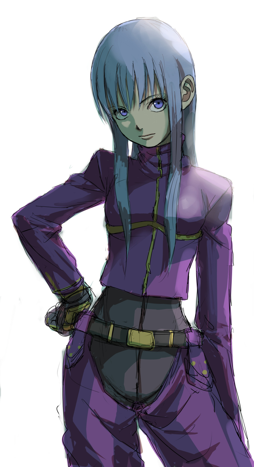 1girl absurdres belt blue_hair bodysuit chaps closed_mouth gloves highres kula_diamond long_hair looking_at_viewer purple_eyes red_eyes simple_background solo the_king_of_fighters the_king_of_fighters_2000 white_background yamamoto_souichirou