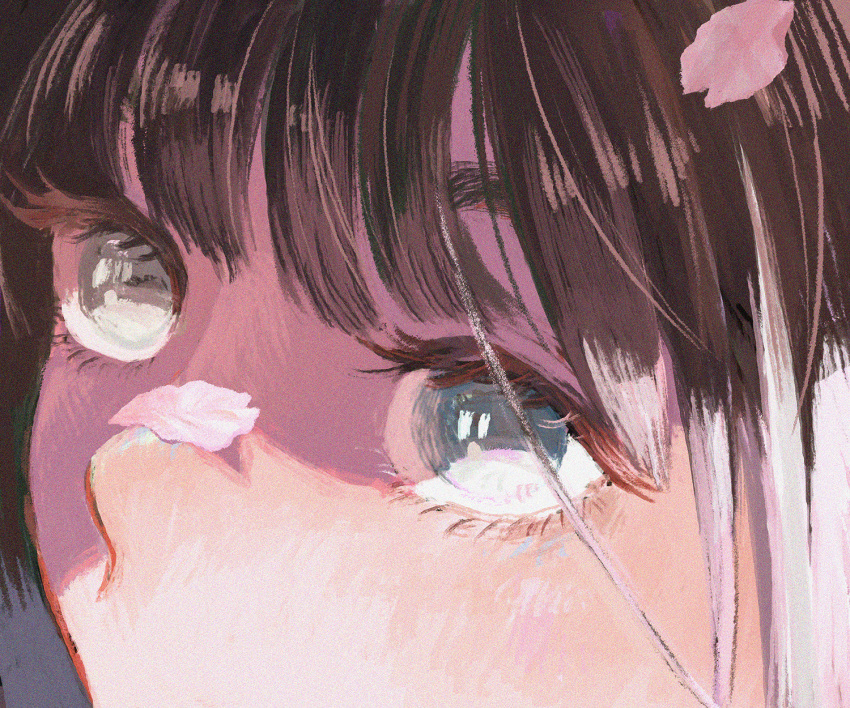 1girl bangs black_hair cherry_blossoms close-up commentary grey_eyes hanio3 highres mouth_out_of_frame original petals portrait shadow solo